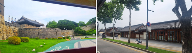 (좌) 어차 전용 도로를 지나는 모습 / (우) 어차를 타고 지나며 본 한옥 양식 카페 / 사진=김혜성 여행+ 기자