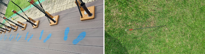 (좌) 보조선이 그려져 있는 체험장 (우) 경기 후 잔디밭에 박힌 화살을 직접 뽑는 재미가 있다 / 사진=김혜성 여행+ 기자