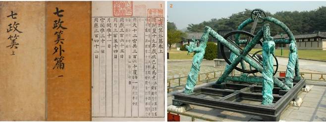 세종 24년(1442) 한반도를 기준으로 일출, 일몰 시간과 낮밤의 길이를 계산할 수 있는 역법, ‘칠정산’이 완성됐다(좌), 간의는 세종 14년(1432) 만들어진 천문 관측기기다. 원나라 시기 만들어진 간의를 한양의 위치에 맞게 개량했다(우) / 서울대 규장각 한국학연구소, 문화재청 세종대왕유적관리소 제공