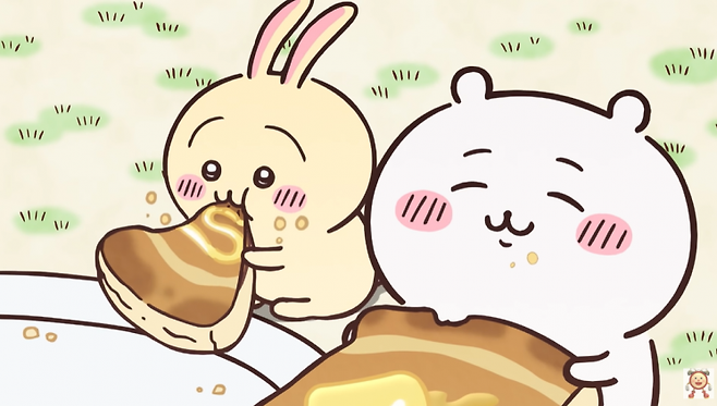 핫케이크를 먹는 중인 우사기(왼쪽)과 치이카와. (사진출처=치이카와 공식 방영 채널 めざましテレビチャンネル)