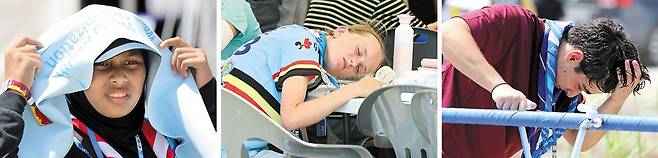 3일 전북 새만금 '세계 스카우트 잼버리' 야영장에서 한 외국인 참가자가 머리에 수건을 뒤집어쓴 채 인상을 찌푸리고 있다(왼쪽 사진). 이날 다른 외국인 참가자는 탁자에 엎드린 채 손선풍기로 더위를 식혔다(가운데 사진). 식수대에는 머리에 물을 끼얹는 참가자도 있었다(오른쪽 사진). /김영근 기자·연합뉴스