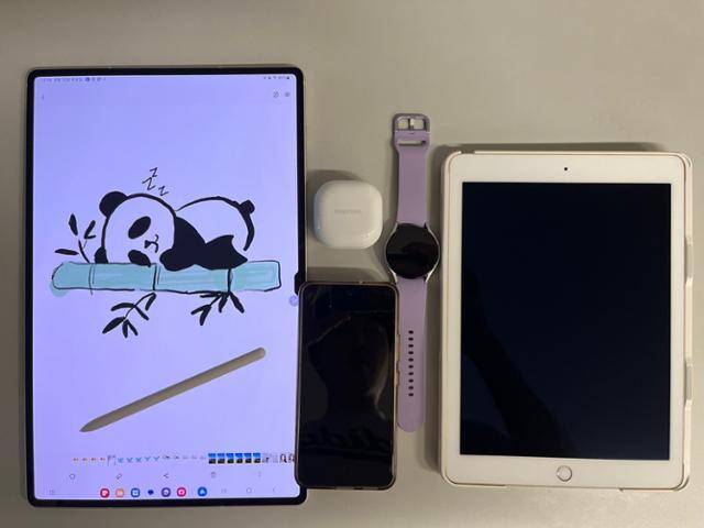 각종 스마트 기기의 크기를 비교해봤다. 왼쪽부터 갤럭시탭 S9 울트라, 갤럭시S22, 갤럭시버즈2프로, 갤럭시워치5, 아이패드 프로2세대. 김지현 기자