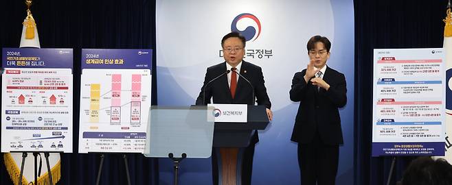 조규홍 보건복지부 장관이 지난 28일 정부서울청사에서 중앙생활보장위원회 심의 결과에 대해 브리핑하고 있다. 이날 기준 중위소득이 역대 최고수준인 6.09% 인상됐다.
<사진제공=연합뉴스>