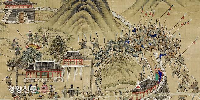 1592년 4월15일 일본도를 들고 동래성을 함락시키는 장면을 그린 <동래부 순절도>(보물) 부분도. |육군박물관 소장