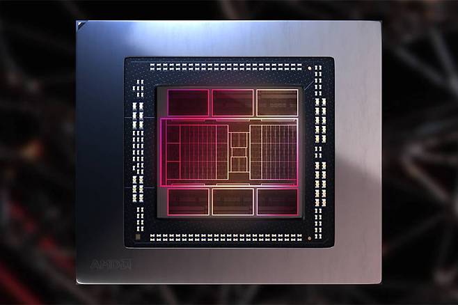 AMD RDNA3 아키텍처의 구조도, 중간에 있는 반도체는 모두 개별 생산된 뒤 일체형으로 패키징 된 형태인데 이를 칩렛이라 한다 / 출처=AMD