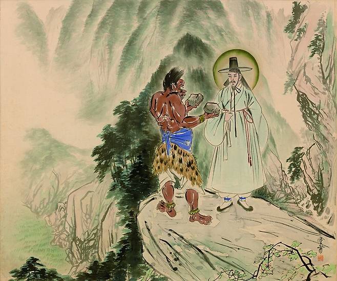 운보 김기창 화백의 '예수의 생애' 연작 중 '사탄에게 시험받으시다'. 사탄을 도깨비로 묘사하고 광야의 벼랑이 아닌 우리 산하의 바위로 묘사했다. /쿰란출판사