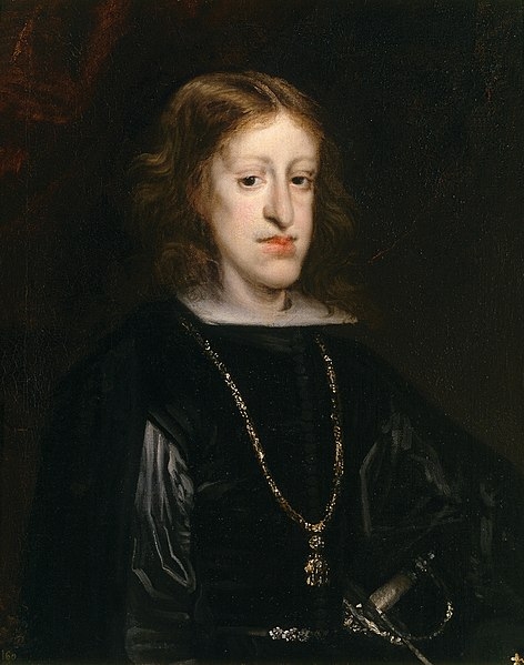 카를로스 2세의 초상화. 돌출된 턱은 유전병에서 기인한 것이었다. 후안 카레뇨 데 미란다  1680년 작품.
