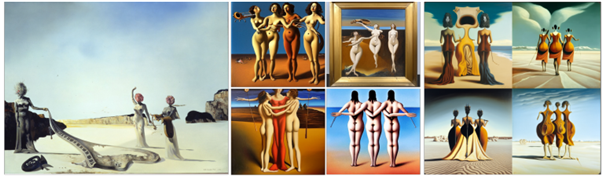 살바도르 달리의 1936년 작품 <Three young surrealist women holding in their arms the skins of an orchestra> (맨 왼쪽)을 훈련 데이터로 넣고 이런 풍의 이미지를 만들어 달라고 명령어를 넣어 생성된 결과. 가운데 4개는 스태이블 디퓨전, 오른쪽 4개는 또 다른 이미지 생성 AI인 미드저니(Midjourney)에서 만들어 낸 이미지다. 모두 싸구려 복제품으로 보이긴 하지만 저작권을 침해할 만큼 실질적 유사성이 있다고 보기는 힘들다. /에모리 대학 로스쿨 매튜 새그 교수의 최신 논문 “생성형 AI의 저작권 안전성” (Sag, M. (2023). Copyright safety for generative AI., Houston Law Review. 61(2))