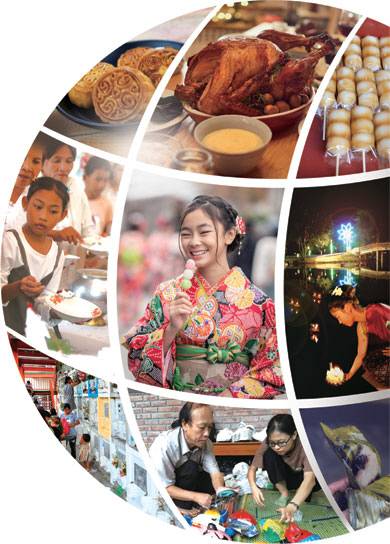 캄보디아 ‘프춤번’(가운데 줄 왼쪽 사진부터)과 일본 ‘오봉’, 태국 ‘러이끄라통’ 등 세계 각국의 추석과 유사한 명절 행사와 음식들. 게티이미지뱅크 연합뉴스