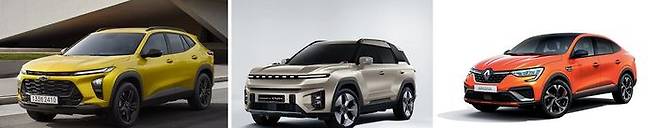 (왼쪽부터) 한국GM 쉐보레 트랙스 크로스오버, KG모빌리티 토레스 EVX, 르노코리아 X3 E-TECH 하이브리드.ⓒ각 사