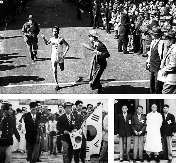 ①1947년 4월 19일 미국 보스턴 국제 마라톤에 참가한 서윤복 선수가 2시간 25분 39초 세계신기록을 세우며 1위로 결승선에 들어오고 있다. 가슴에 달린 ‘KOREA’(코리아) 글자와 태극기가 선명하다. ②같은 해 6월 22일 승리의 기쁨을 안고 인천에 도착한 서윤복 선수(손에 태극기를 들고 월계관을 쓴 사람). ③백범 김구 선생을 찾은 서윤복 선수 일행. 왼쪽부터 손기정 감독, 서윤복 선수, 김구 선생, 남승룡 선수 겸 코치. /대한체육회