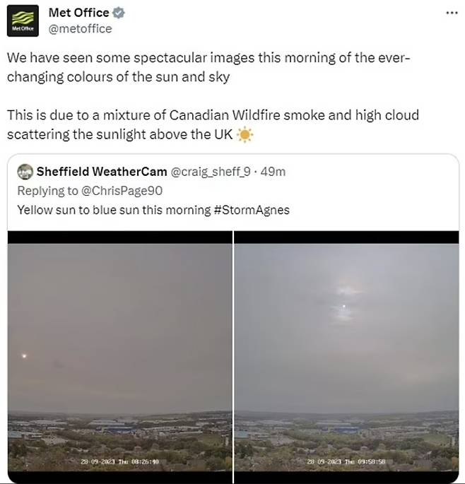 ‘푸른 태양’이 목격됐다는 질문이 쏟아지자 영국 기상청이 공식 SNS 올린 게시물. 캐나다 산불 연기가 영국 대기로 유입된 뒤 햇빛이 산란하면서 ‘푸른 태양’이 목격될 수 있다는 내용이다.