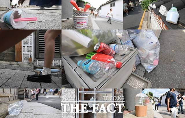 북촌한옥마을 곳곳에 버려진 쓰레기.실제로 취재진은 마을 거주민이 내다 놓은 쓰레기 더미 위로 관광객들이 쓰레기를 놓고 가는 장면을 목격할 수 있었다.