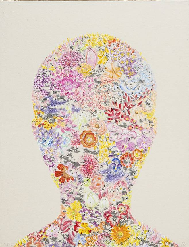 작품 ‘Constellation Links 2302’. 148x114. 영국 본햄스 초청 개인전에 소개되는 작품 중 하나로, 꽃과 별자리 선으로 사람을 묘사했다.