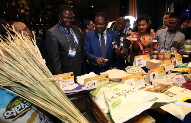 케빈 우라마 아프리카개발은행 부총재가 7월 10일 서울 서초구 JW매리어트 호텔에서 열린 아프리카 K-라이스 벨트 농업장관회의 개회식 후 아프리카 8개국 장차관들과 쌀빵을 비롯한 한과, 누룽지 등 쌀 관련 가공상품을 살펴보고 있다. 뉴스1
