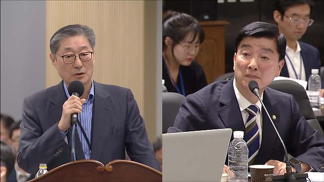 10일 국회 행안위 국정감사에 출석한 송필호 희망브리지 협회장(좌측)은 이해식 의원(우측)이 비리 의혹에 대한 입장을 묻자 “실제 집행된 것은 없다”고 답했다.