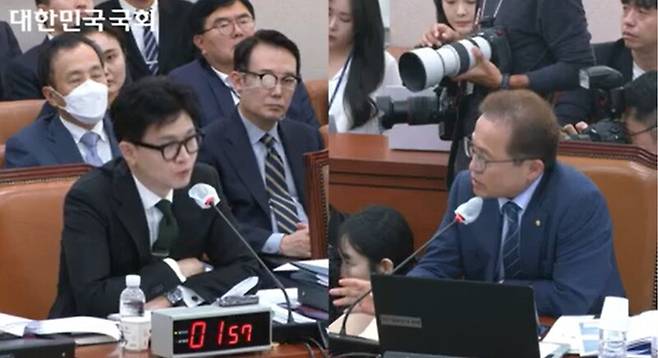 ▲한동훈 법무부장관이 11일 오전 국회 법제사법위원회 소관 법무부 국정감사에서 송기헌 더불어민주당 의원이 최근 대법원장과 장관 후보자들의 인사 문제점이 이미 유형화돼 있지 않느나는 지적에 우리나라에서 성공한 사람들에게는 비슷한 문제가 나오게 돼 있다고 답변하고 있다. 사진=국회 영상회의록 갈무리