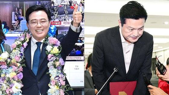 진교훈(왼쪽) 더불어민주당 강서구청장 당시 후보가 지난 11일 서울 강서구 마곡동 선거사무실에서 당선이 확실시되자 꽃목걸이를 걸고 기뻐하고 있다. 김태우 국민의힘 강서구청장 후보는 패배를 인정하고 고개를 숙이고 있다. 뉴스1