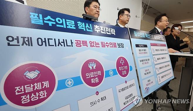 조규홍 복지부 장관, 필수의료혁신 추진전략 발표 (세종=연합뉴스) 김주형 기자 = 조규홍 보건복지부 장관(왼쪽 세번째)이 19일 오후 세종시 정부세종청사에서 필수의료혁신 전략을 발표하고 있다. 2023.10.19 kjhpress@yna.co.kr