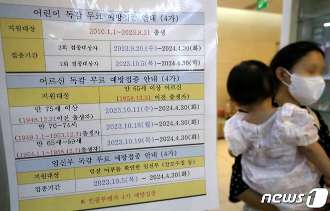 (대전=뉴스1) 김기태 기자 = 독감 무료 예방접종이 시작된 20일 대전 서구 한 소아과병원에 독감 예방접종 안내문이 붙어 있다. 독감 무료접종 대상자는 생후 6개월부터 13세 이하 어린이, 임신부, 65세 이상 어르신이다. 9월20일 2회 접종 대상 어린이(생후6개월~9세 미만)를 시작으로, 10월5일 1회 접종 대상 어린이(생후6개월~13세)와 임신부, 10월11일 75세 이상 어르신, 10월16일 70~74세 어르신, 10월19일 65~69세 순이다. 2023.9.20/뉴스1 Copyright (C) 뉴스1. All rights reserved. 무단 전재 및 재배포, AI학습 이용 금지.