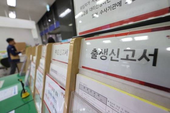 지난달 25일서울의 한 구청 민원실에 출생신고서가 비치돼 있다. 연합뉴스