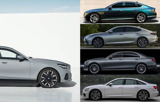 왼쪽부터 시계방향으로 BMW 5시리즈, 제네시스 G80, 렉서스 ES, 메르세데스-벤츠 E-클래스, 아우디 A6