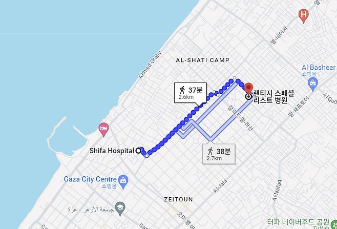 알시파 병원과 알란티시 병원은 약 2.6㎞ 떨어져 있다. / 사진=구글맵