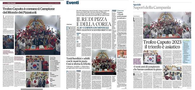 이탈리아 최대 일간지 '코리에레 델라 세라'(가운데)와 '라 레푸블리카'(왼쪽), '일 마티노' 등 이탈리아 주요 매체들은 유준환 대표의 '트로페오 카푸토' 우승 소식을 비중 있게 다뤘다. 코리에레 델라 세라는 '나폴리 피자의 왕, 한국에서 오다'라는 제목을 달았다./쉐프스푸드