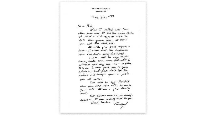 조지 HW 부시가 1993년 빌 클린턴에게 남긴 편지