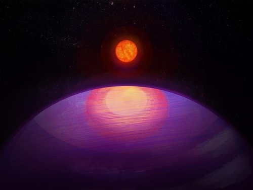 외계행성 LHS 3154b(앞)와 태양 9분의 1 크기 적색왜성 HHS 3154 상성도 태양의 9분의 1 크기에 불과한 적색왜성인 LHS 3154를 매우 가까이에서 3.7일 주기로 공전하는 외계행성 LHS 3154b는 질량이 지구의 13배에 달해 해왕성과 유사한 구성을 가진 것으로 추정된다. [Penn State University 제공. 재판매 및 DB 금지]