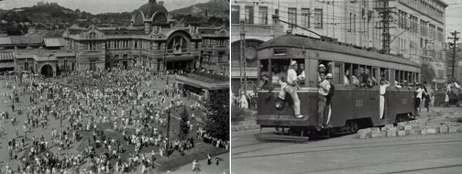 1945년 해방직후 호주 정보군이 촬영한 서울의 모습. 서울역 광장에 모인 인파(왼쪽)과 시내를 달리는 노면전차(오른쪽)의 모습. [한국영상자료원]