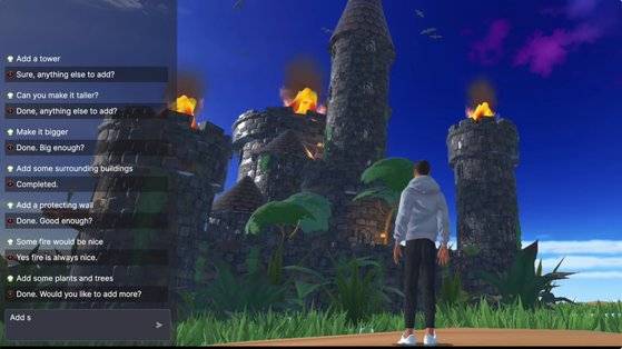 이용자가 게임 내 생성AI와 자연어 대화를 통해 아이템, 주변환경을 자신에 맞게 만드는 HYBER 3D의 데모 화면. 사진 유튜브 캡처