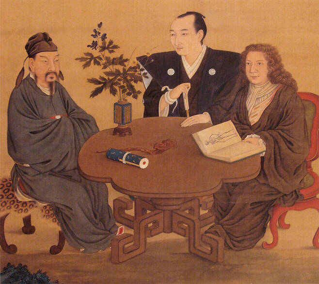 18세기 말 일본인과 중국인, 유럽인의 교류를 그린 그림. 위키원드
