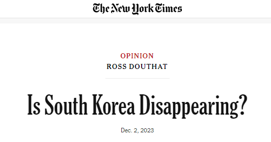 지난 2일(현지시각) NYT 칼럼니스트 로스 다우서트는 ‘한국은 소멸할까?(Is South Korea Disappearing?)라는 제목의 칼럼에서 “저출산으로 인한 한국의 인구감소 속도가 흑사병이 창궐했던 14세기 중세 유럽보다 빠르다”고 경고했다. <뉴욕타임스>