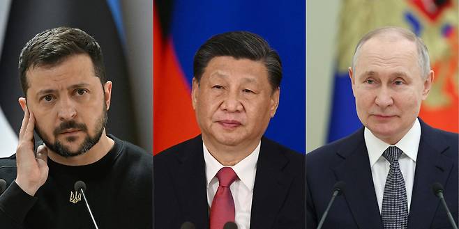 볼로디미르 젤렌스키(왼쪽부터) 우크라이나 대통령, 시진핑 중국 국가주석, 블라디미르 푸틴 러시아 대통령.  /AFP