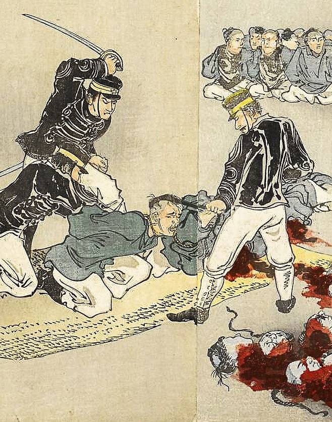 청나라 병사 포로를 참수하는 일본군. '폭행 청병 참수도'라는 판화 부분이다. '문명과 야만의 전쟁'이라는 일본 측 홍보와 달리 일본의 전시 행동에는 근대와 전 근대가 혼재돼 있었다. /영국박물관