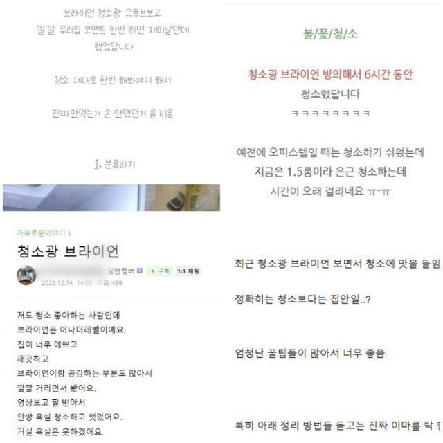 유튜브 채널 M드로메다 스튜디오의 '청소광 브라이언'을 보고 청소를 했다는 사회관계망서비스(SNS) 후기 글들. 주로 영상에 소개된 청소 방법을 따라 했다는 내용이다. 온라인 커뮤니티 캡처