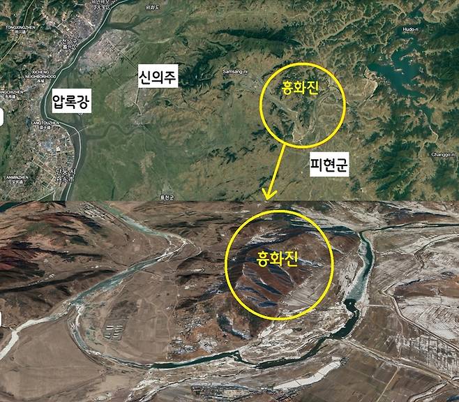구글어스로 추정해본 흥화진(평북 피현군 당후리)의 위치. 130~170m 고지군을 따라 능선상에 축조된 성이다. 넓은 개활지와 삼교천으로 둘러싸여 있어 방어에 유리한 장점을 갖고 있다. ‘걸망성’이라는 다른 이름이 있는데, ‘이 성에서 거란군이 망했다‘고 해서 붙은 이름이라 한다.