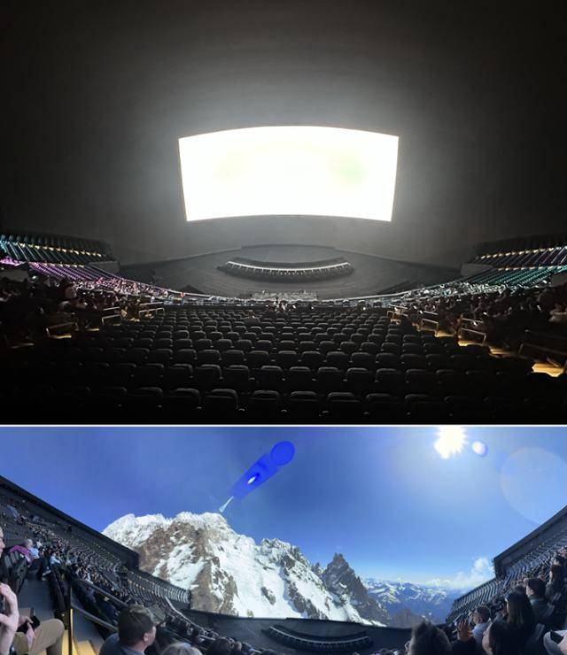 미국 라스베이거스의 스피어 내부 공연장을 객석에서 바라본 모습(위 사진). 영화 시작 전에는 전면 화면이 일반적인 극장 스크린과 다르지 않아 보였다. 그러나 영화 상영 중 천장과 좌우 양옆으로까지 스크린이 확대됐다(아래 사진). 3면으로 확대된 스크린은 진짜 하늘을 나는 것처럼 극대화된 몰입감을 선사했다. 라스베이거스=이서희 특파원