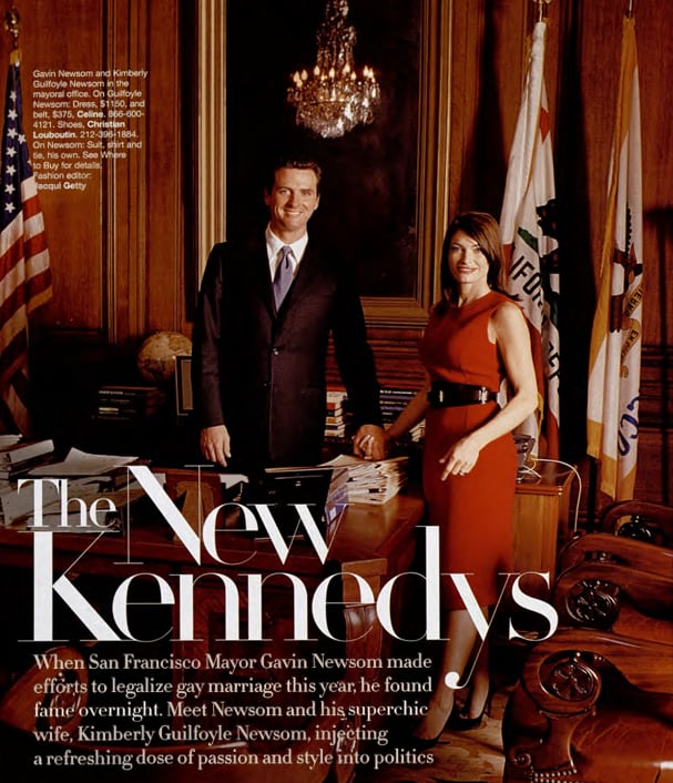 2004년 미 패션 잡지 하퍼스바자가 '새로운 케네디 부부'라는 표지 사진으로 소개한 당시 뉴섬 샌프란시스코 시장과 아내 길포일./하퍼스바자