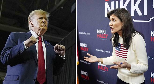 20일(현지 시간) 도널드 트럼프 전 미국 대통령이 사흘 뒤 공화당의 대선 후보 선출을 위한 프라이머리(예비선거)가 열리는
뉴햄프셔주 맨체스터에서 유세를 갖고 지지를 호소했다(왼쪽 사진). 경쟁자 니키 헤일리 전 주유엔 미국대사는 같은 날 인근 린지에서
연설했다. 맨체스터·린지=AP 뉴시스