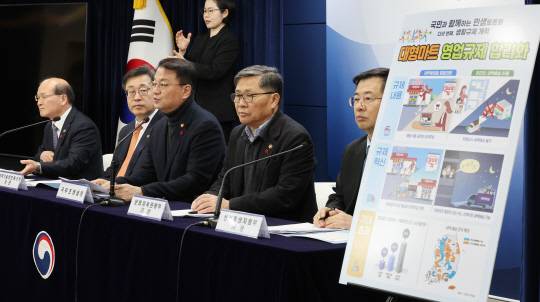 방기선 국무조정실장이 지난 1월22일 오후 정부서울청사에서 열린 국민과 함께하는 민생토론회, 생활규제 부문에서 대형마트 영업규제 합리화, 단말기 유통법 폐지, 도서정가제 개선방향 등의 세부 내용을 브리핑하고 있다. 왼쪽부터 이상인 방송통신위원회 부위원장, 박윤규 과학기술정보통신부 2차관, 방기선 국무조정실장, 전병극 문화체육관광부 1차관, 강경성 산업통상자원부 1차관.<연합뉴스>
