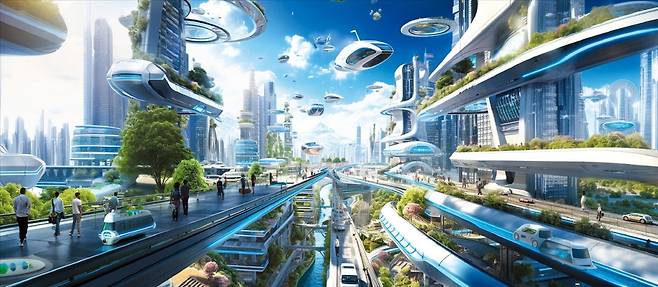 인공지능(AI)은 PC와 스마트폰 스크린을 넘어 현실 세계에 진출하고 있다. 팔과 다리를 얻어 움직일 수도 있고, 거대한 도시 자체가 될 수도 있다. 이미지 생성형 AI ‘미드저니’에 미래 스마트 도시를 그려달라는 내용의 프롬프트를 입력했다. 미드저니