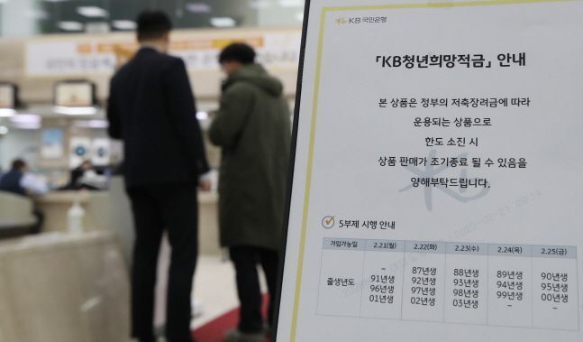 청년희망적금이 출시된 지난 2022년 2월 21일 서울 영등포구 국민은행 여의도영업부점에 안내문이 게시돼 있다. ⓒ 뉴시스