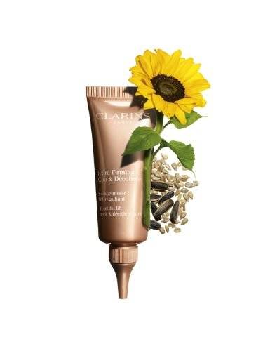 엑스트라 퍼밍 넥크림. 큰 꽃을 탄탄하게 지탱하는 해바라기 줄기처럼 목 피부를 건강하고 매끈하게 가꿔준다. 사진 클라랑스