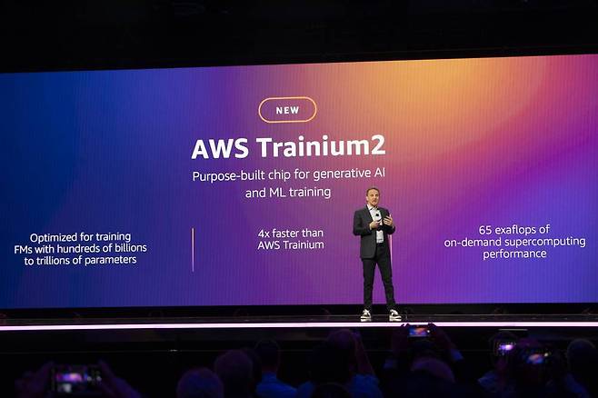 아담 셀립스키 AWS CEO가 AWS 리인벤트 2023에서 트레이니엄 2 및 그래비톤 4 반도체를 공개했다 / 출처=IT동아