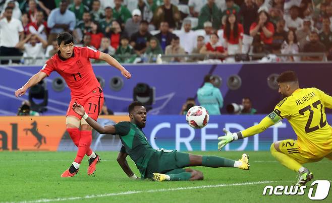 (알라이얀(카타르)=뉴스1) 김성진 기자 = 대한민국 황희찬이 30일(현지시간) 카타르 알라이얀 에듀케이션 시티 스타디움에서 열린 2023 아시아축구연맹(AFC) 카타르 아시안컵 16강전 대한민국과 사우디아라비아의 경기에서 슈팅을 때리고 있다. 2024.1.31/뉴스1 Copyright (C) 뉴스1. All rights reserved. 무단 전재 및 재배포, AI학습 이용 금지.