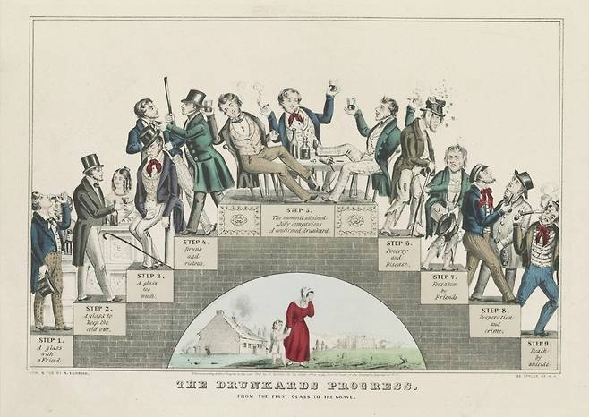 미국 화가 너새니얼 커리어가 1846년 그린 석판화 ‘술고래의 여정’. 술 한 잔으로 시작해 극단적 선택으로 끝나는 남자의 모습을
묘사했다. 19세기 중반 알코올 의존증에 반하는 미국의 절제 운동을 상징한다. 사진 출처 위키피디아