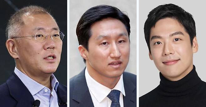 (왼쪽부터)정의선 현대자동차그룹 회장, 정기선 HD현대 부회장, 담서원 오리온 경영관리담당 상무 ⓒ연합뉴스·오리온 제공
