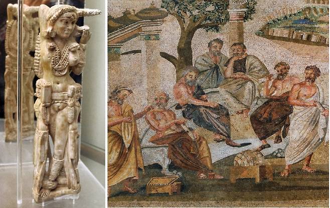 폼페이 유적에 나온 인도 여신 락슈미(왼쪽) 상과 플라톤의 아카데미아 모자이크화(기원전 100년~기원전 79년). 출처: 위키피디아